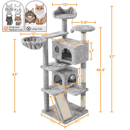 57-Inch Multilevel Cat Tree Tower with 2 Condos – Sisal Scratching Posts, Dangling Ball, Round Platform & Ladder for Indoor Kittens & Small Cats, 6 Colors, Christmas Gift for Cat Lovers