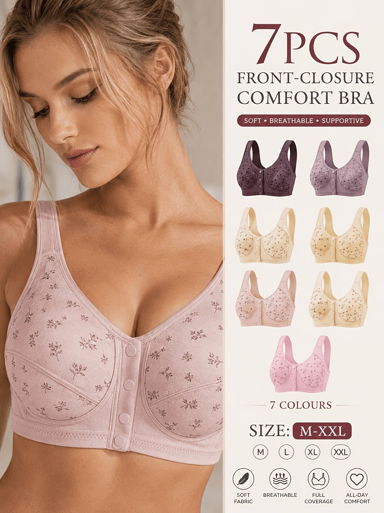 7 Pack Seamless Wireless Bra Set for Women – Soft Front Button Bralettes, No Underwire, Comfortable & Breathable for Daily Wear, Yoga, Travel & Festivals, Sizes S-XXL