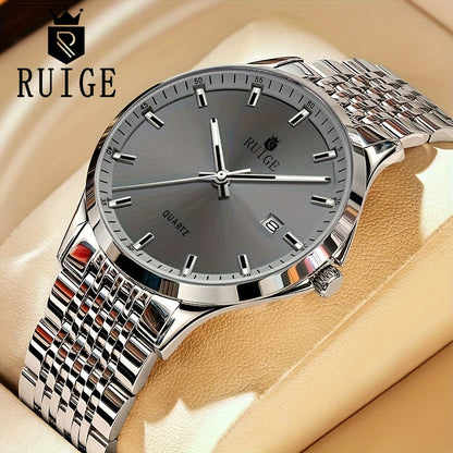 RUIGE Men's Luxury Quartz Watch Stainless Steel with Calendar Night Light Rhinestone Accents - Sports Business Dress Watch for Men Gift for Him