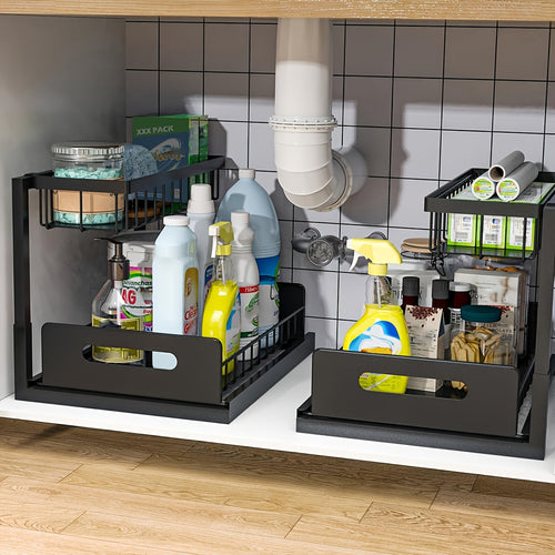 Under Sink Organizer with Sliding Pull-Out Shelf – Two-Level Metal Cabinet Storage Rack for Kitchen, Bathroom, Pantry & Closet, Space-Saving Under Sink Cabinet Organizer, Available in 1-Pack & 2-Pack