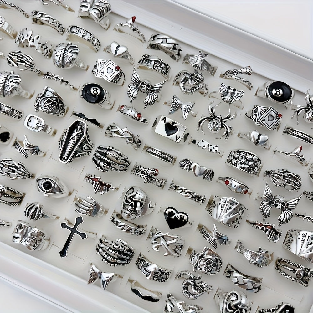 24pcs Retro Punk Ring Set for Women Men – Dark Style Spider Skull Cross Vintage Gothic Rings, Adjustable Stackable Jewelry for Daily Wear, Party, Halloween & Gift