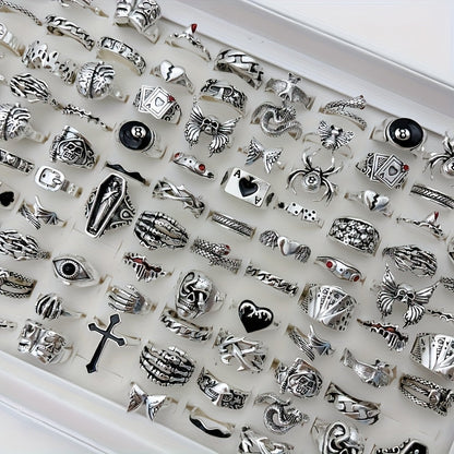 24pcs Retro Punk Ring Set for Women Men – Dark Style Spider Skull Cross Vintage Gothic Rings, Adjustable Stackable Jewelry for Daily Wear, Party, Halloween & Gift