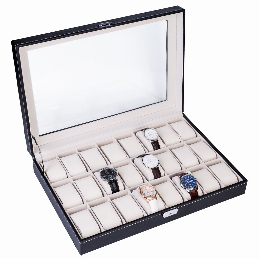 24-Slot Leather Watch Box Organizer – Large Capacity Watch Display Case with Top-Opening Lid, Lockable Storage for Men & Women, Elegant Black PU Leather Watch Collector Gift