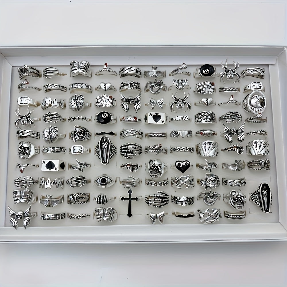 24pcs Retro Punk Ring Set for Women Men – Dark Style Spider Skull Cross Vintage Gothic Rings, Adjustable Stackable Jewelry for Daily Wear, Party, Halloween & Gift