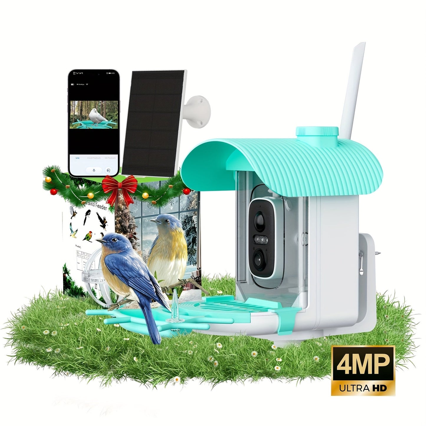 AI Smart Bird Feeder with Camera Solar Powered – 4MP 2K HD, Bird Species Identification, Motion Detection, Squirrel-Proof, IP66 Weatherproof, App Remote Monitoring, Gift for Bird Lovers
