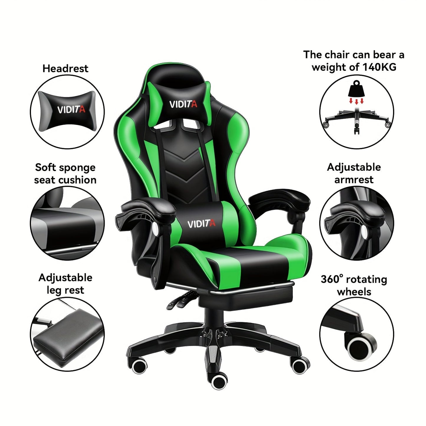 Gaming Chair High Back Ergonomic Racing Chair with Footrest & Lumbar Support – Adjustable Recline Swivel Computer Office Chair, 8 Colors