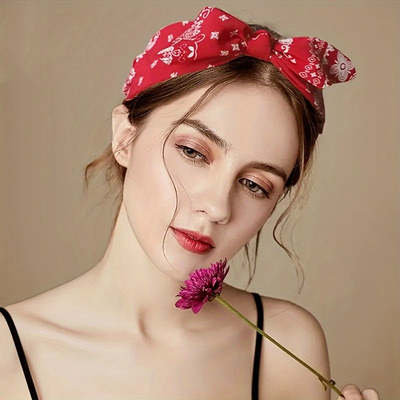 6-Pack Bohemian Paisley Bow Elastic Headbands for Women – Loose Elastic Headscarves in 6 Colors (Sky Blue, Black, Navy, Wine Red, White, Red), All Seasons Outdoor & Daily Wear