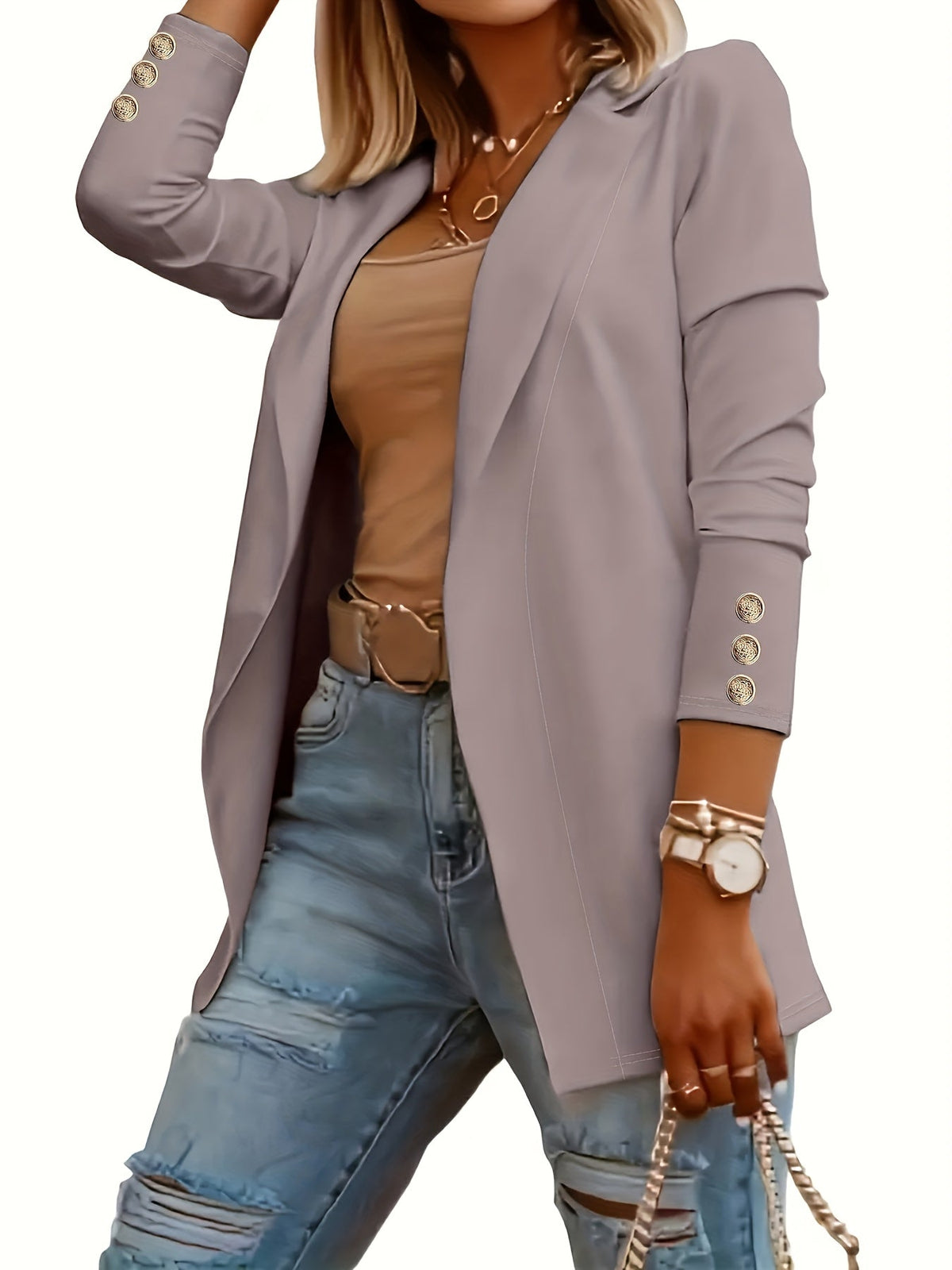 Women's Midi-Length Lapel Knit Jacket – Solid Color Long Sleeve Cuff 95% Polyester Micro-Stretch Casual Fashion Coat All-Season