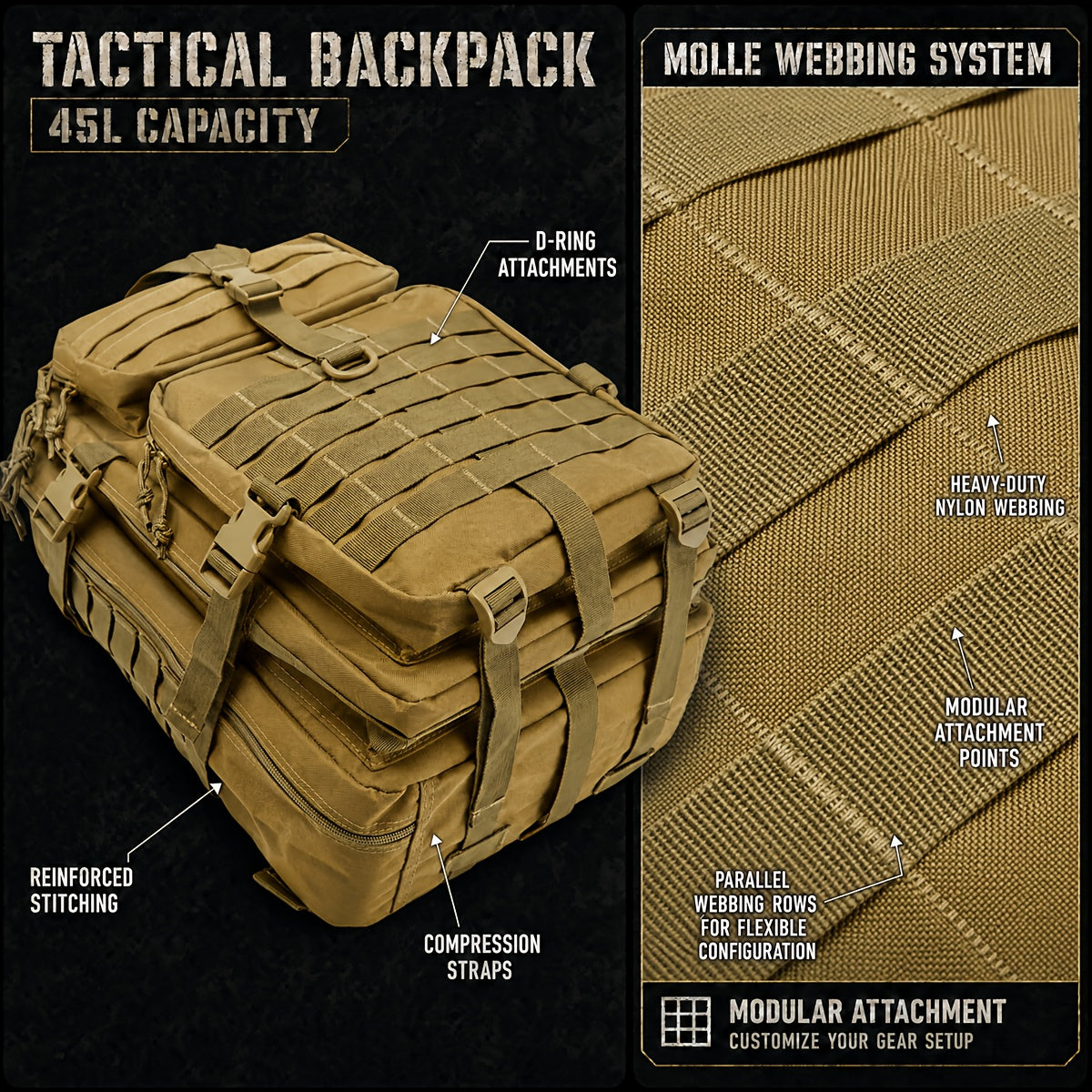 Tactical Hiking Backpack 45L 3-Day Rucksack – Multifunctional Camping Trekking Hunting Shoulder Bag with Zip Closure, Durable Sports Pack for Men and Women, Black Green Khaki