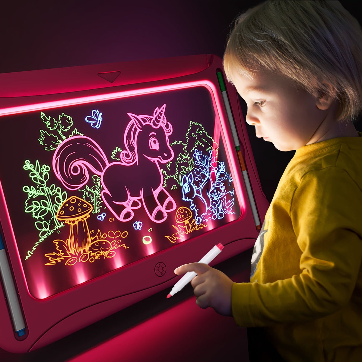 LED Light-Up Drawing Doodle Board for Kids Ages 3-8 – Glow Writing Art Set with 9 Double-Sided Cards & 6 Markers, Educational Learning Travel Toy, Birthday & Christmas Gift for Girls Boys