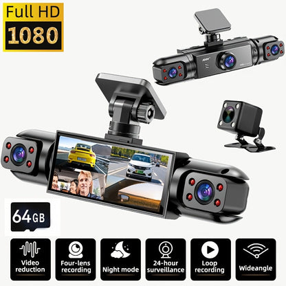 360° Panoramic Dash Cam 3/4 Lens 1080P HD with Quad-Split Screen, HD Night Vision, WDR & G-Sensor – Full Coverage Front, Rear, Left & Right Loop Recording – Rideshare & Fleet Ready – Velora