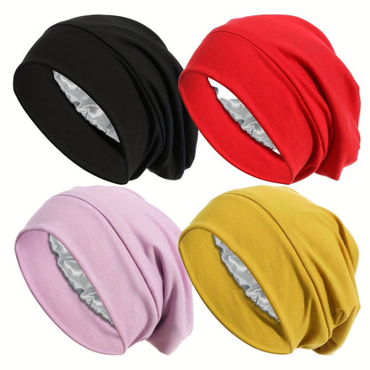 Turban Hat 4 Pack for Women - Soft Satin Lining Muslim Turban Sleep Cap, Chemo Hat Beanie Headwrap for Cancer Hair Loss, Comfortable Breathable Bonnet for Daily Wear & Night Sleep