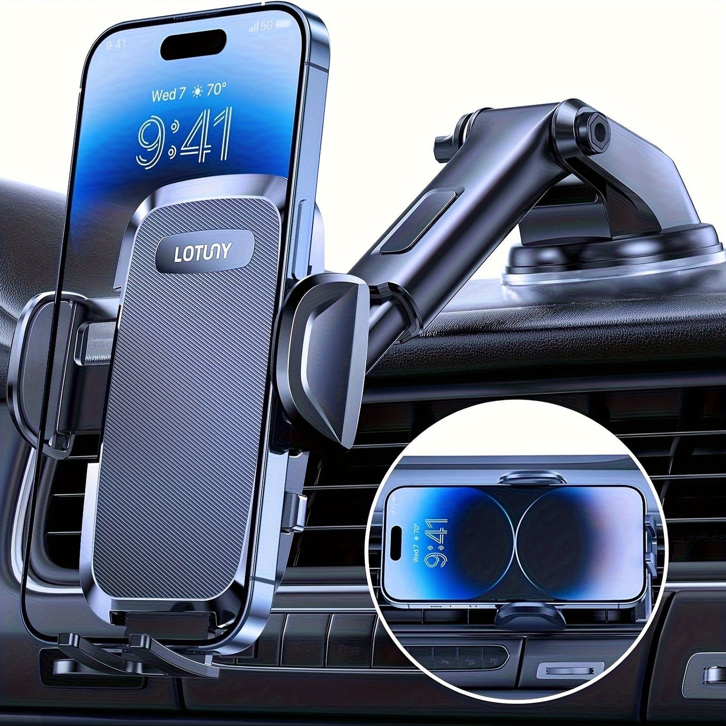 3-in-1 Car Phone Holder Suction Cup & Air Vent Mount | 360° Rotation, 6.5"-8.5" Telescopic Arm, 60LB Nano-Gel Suction, Scratch-Proof – Universal Fit for iPhone, Samsung, Google & All 4"-7.2" Phones