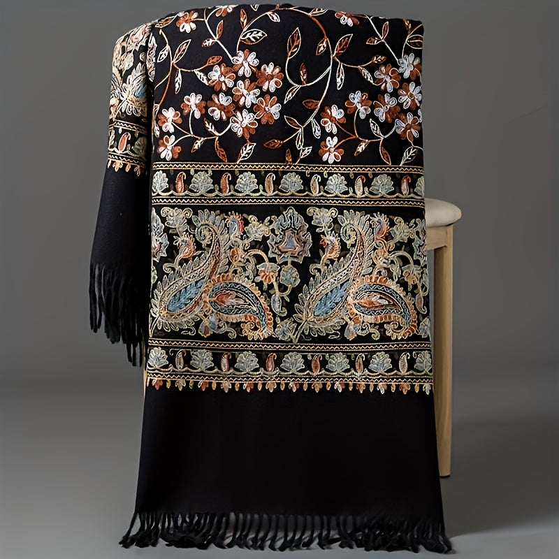 Women's Bohemian Cashmere Shawl Scarf – Vintage Paisley Embroidery with Tassel Trim, Lightweight Warm Wrap for Spring & Fall, 6 Colors, Hand Washable Casual & Dressy Outfits
