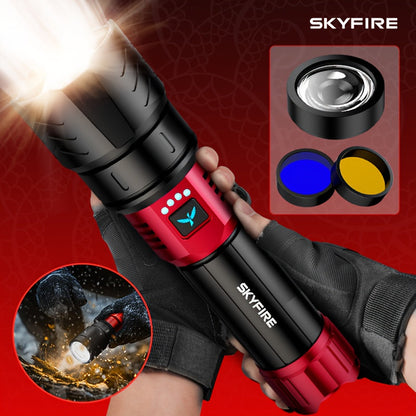 SKYFIRE 5000 Lumen LED Flashlight Rechargeable with Ignition Lens, Adjustable Focus & 4 Modes – Super Bright High Lumen Tactical Flashlight for Camping, Outdoor, Farm & Emergency Family Use