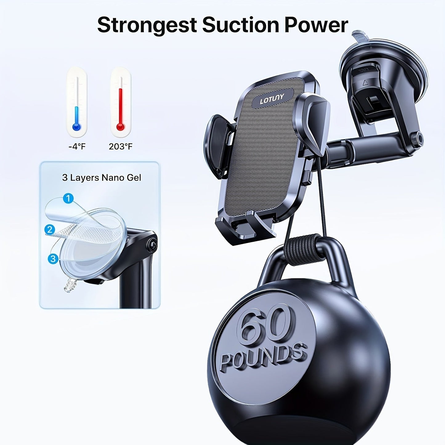 3-in-1 Car Phone Holder Suction Cup & Air Vent Mount | 360° Rotation, 6.5"-8.5" Telescopic Arm, 60LB Nano-Gel Suction, Scratch-Proof – Universal Fit for iPhone, Samsung, Google & All 4"-7.2" Phones