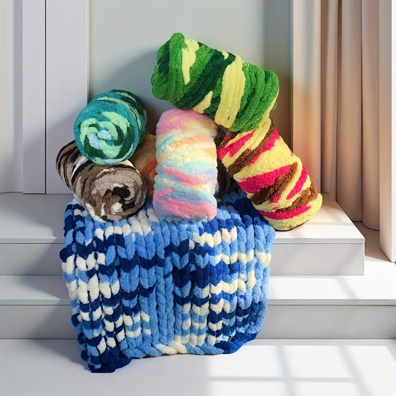 Chunky Chenille Yarn 2 Skeins 500g Hand Knitting Blanket Crochet Multicolor Striped Soft Polyester Extra Thick Plush DIY Gift for Women Men