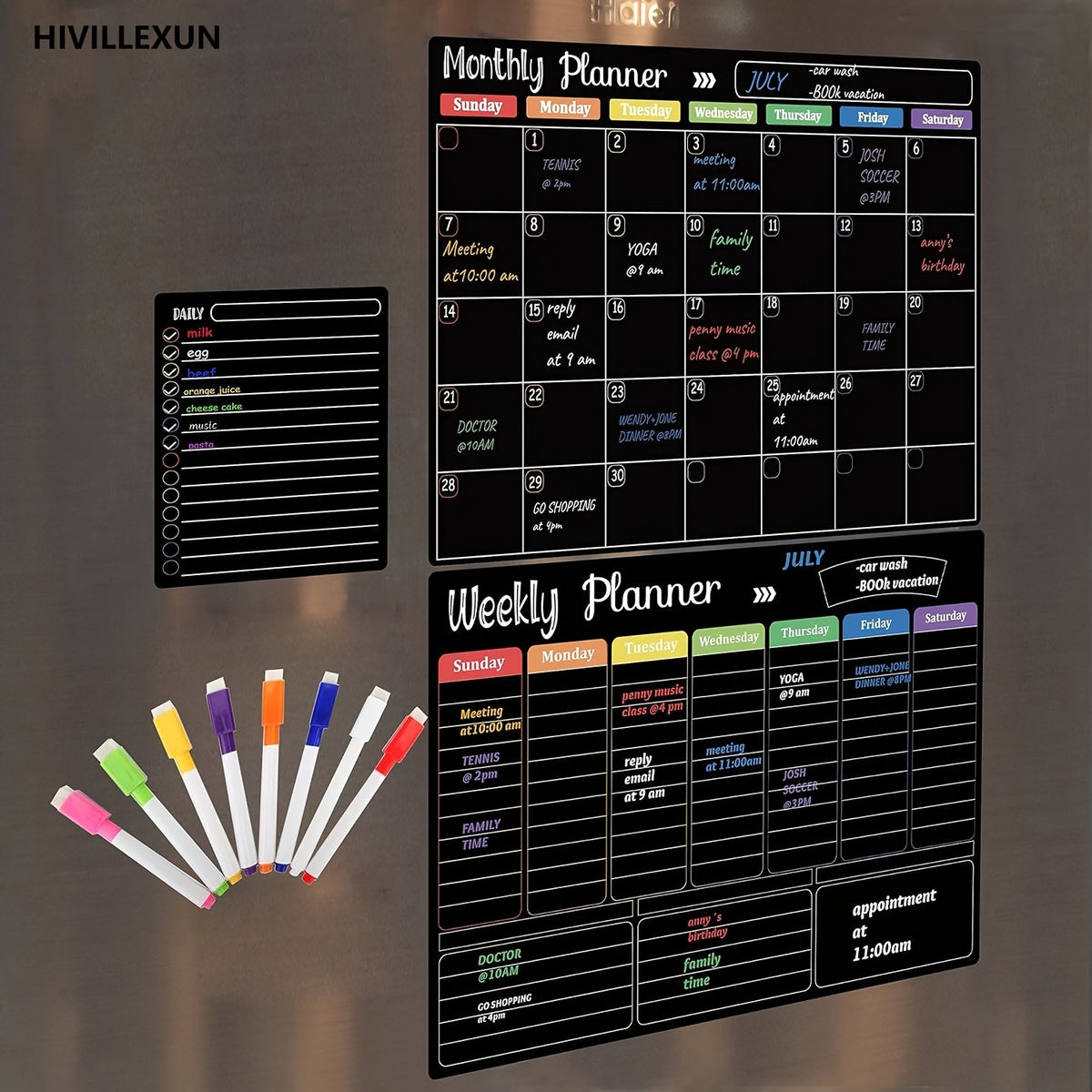 Hivillexun Black Magnetic Dry Erase Board Set of 3 – Monthly, Weekly & Daily Planner Boards for Refrigerator & Wall, Family Organizer Calendar with 8 Dry Erase Markers Included
