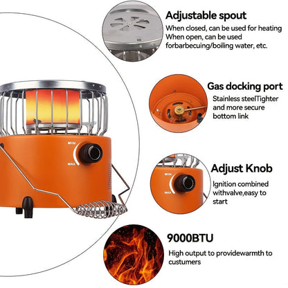9000 BTU 2-in-1 Propane Camping Stove & Heater with Gas Hose & MAPP Converter – Adjustable Flame Portable Indoor Outdoor Gas Burner, Stainless Steel, 10.7x7 Inch Compact Design for Camping Cooking & Emergency Use