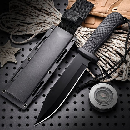 9.6-Inch Outdoor Fixed Blade Knife with Multi-Function Sheath - Black & Orange Straight Knife for Wilderness Exploration, Canyon Traversing, Mountain Hiking & Hunting, Designed for Men