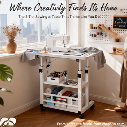3-Tier Rolling Folding Desk with Wheels Height Adjustable Expandable Desktop Storage Shelf for Laptop Study Home Office Bedroom Living Room Computer Table