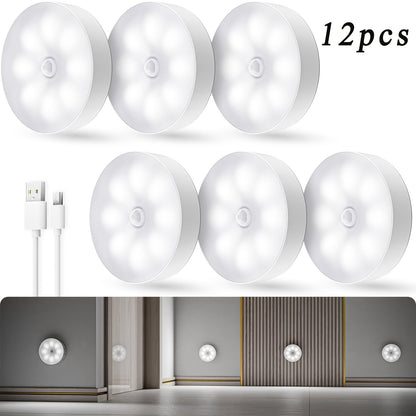 LED Motion Sensor Night Lights USB Rechargeable Wireless Wall Lamp Dual Mode Adjustable Brightness Magnetic Mount Under Cabinet Lighting for Kitchen Hallway Stairs Closet 6 or 12 Pack