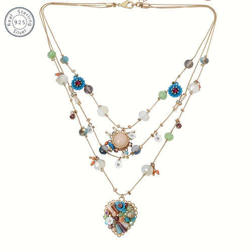 925 Sterling Silver Handmade Multi-Layer Love Beaded Necklace & Earring Set for Women – December Birthstone Jewelry, Elegant Daily & Wedding Gift with Free Gift Box