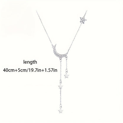 S925 Sterling Silver Boho Moon & Star Tassel Pendant Necklace for Women – Celestial Hypoallergenic Jewelry, Cute Dainty Necklace for Daily Wear, Mother's Day, Birthday & Gift