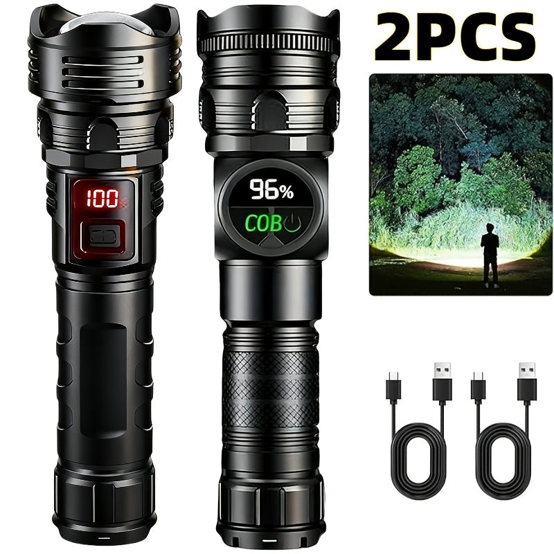 High Lumen Tactical Flashlight 2-Pack – Ultra Bright COB Side Light, USB Fast Charging, Zoomable Multi-Mode, for Camping, Hiking, Fishing, Cycling & Emergency – Great Gift for Men