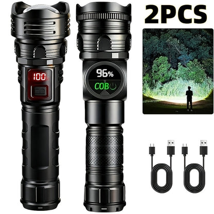 High Lumen Tactical Flashlight 2-Pack – Ultra Bright COB Side Light, USB Fast Charging, Zoomable Multi-Mode, for Camping, Hiking, Fishing, Cycling & Emergency – Great Gift for Men