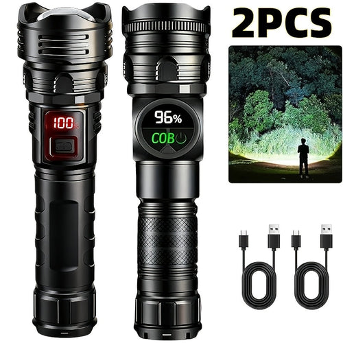 High Lumen Tactical Flashlight 2-Pack – Ultra Bright COB Side Light, USB Fast Charging, Zoomable Multi-Mode, for Camping, Hiking, Fishing, Cycling & Emergency – Great Gift for Men