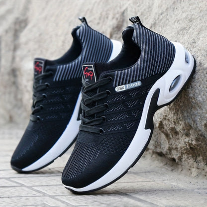 Men's Air Cushion Athletic Sneakers – Breathable Lace-Up Casual Sports Shoes with Slip-Resistant Sole, Black & White or Black Blue, Sizes US 6.5–11.5, Sporty Urban Style