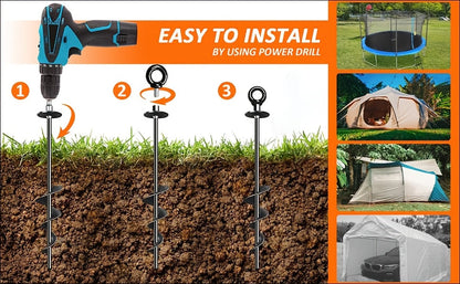 18 Inch Heavy-Duty Spiral Ground Anchors Carbon Steel – 4 or 6 Pack Screw-In Earth Auger Stakes for Tent, Trampoline, Dog Tie-Out, Garden & Outdoor Camping Secure Anchoring