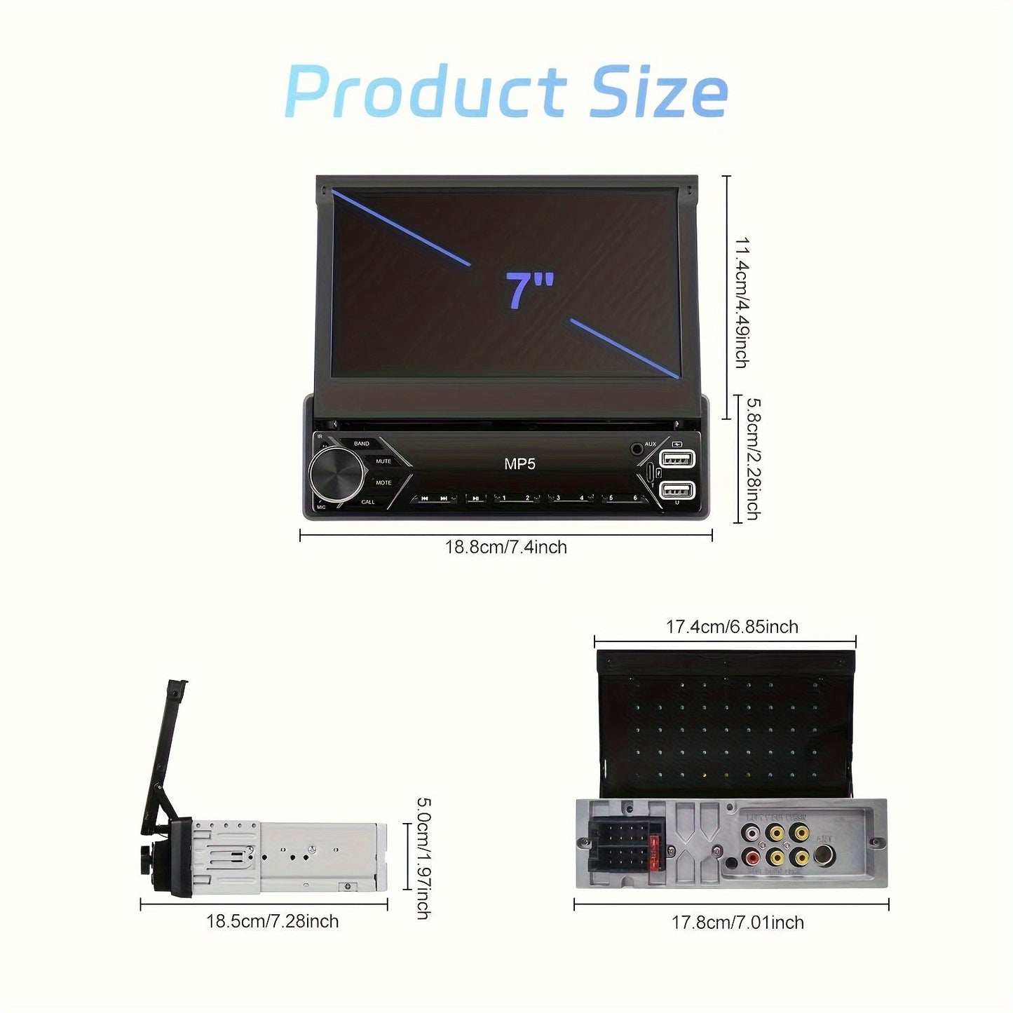 Single DIN Car Stereo 7 Inch HD Retractable Touchscreen – MP5 Player with Mirror Link, Bluetooth, FM Radio, USB, AUX, Colorful Backlight, 45W×4 Amplifier | Velora
