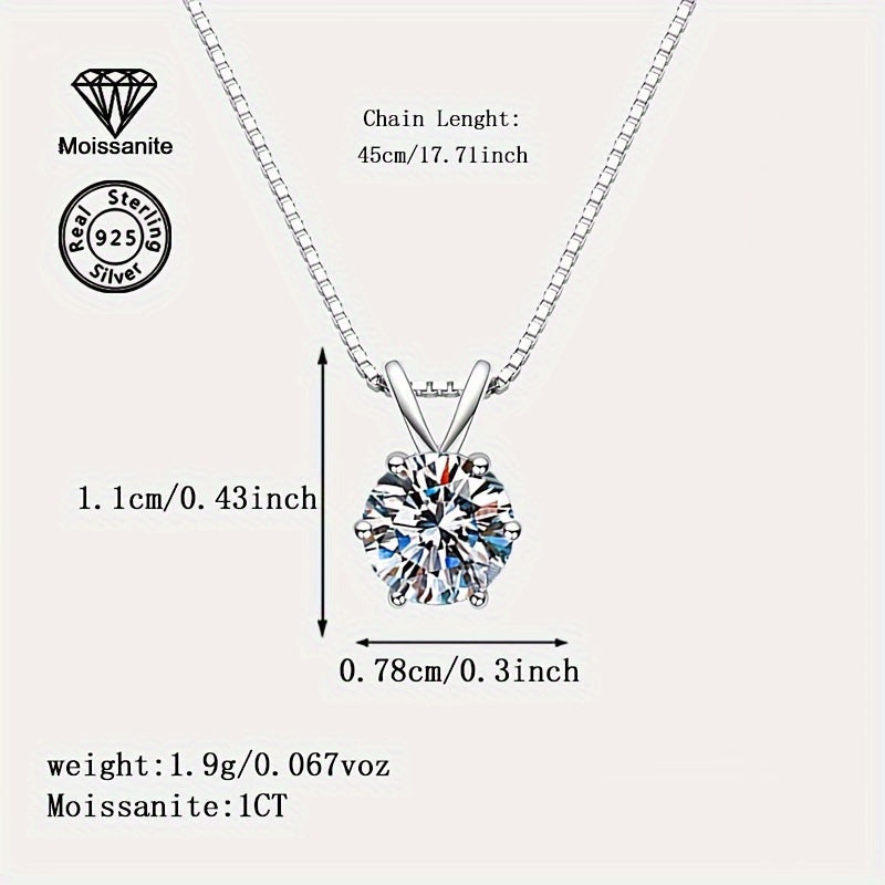 1 Carat Moissanite Pendant Necklace 925 Sterling Silver – Brilliant Diamond Alternative Solitaire Drop Necklace for Women, Fine Jewelry Gift for Birthday Anniversary Wedding Valentine's Day