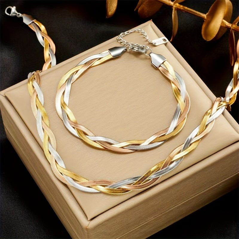 2-Piece Gold Stainless Steel Necklace & Bracelet Set for Women – Gold-Plated Tri-Color Hand-Woven Design, French Minimalist Retro Style for Daily Wear, Commute, Holiday & Party