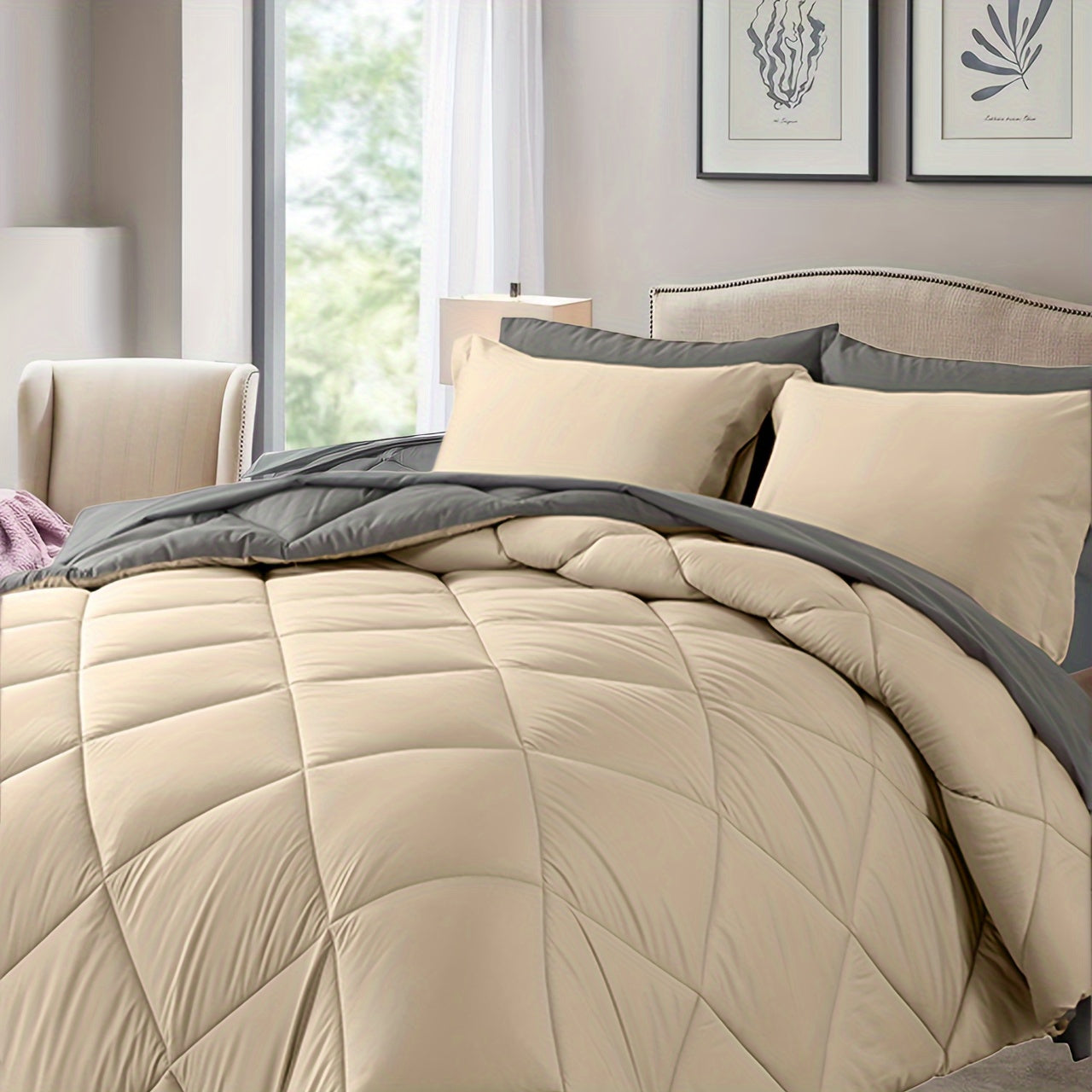 7 Piece Comforter Set Queen King Size – Soft Microfiber Pinch Pleated Bed in a Bag with Comforter, Fitted Sheet, Flat Sheet & 4 Pillowcases, All-Season Bedding Set for Home & Dorm
