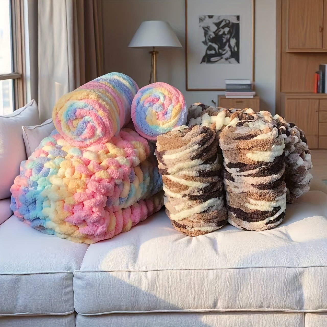 Chunky Chenille Yarn 2 Skeins 500g Hand Knitting Blanket Crochet Multicolor Striped Soft Polyester Extra Thick Plush DIY Gift for Women Men