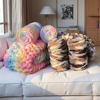 Chunky Chenille Yarn 2 Skeins 500g Hand Knitting Blanket Crochet Multicolor Striped Soft Polyester Extra Thick Plush DIY Gift for Women Men