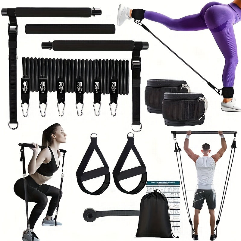 14pcs Pilates Stick Set with Resistance Bands & Fitness Pedal Puller, Multifunctional Home Workout Equipment for Yoga, Pilates, Stretch Training, Full Body Exercise Kit - Pink, Black, Purple