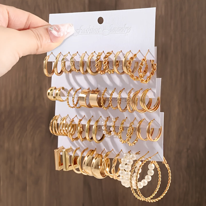 48 Piece Women's Hoop Earrings Set, Elegant Geometric & Heart Design with Faux Pearl Accents & Stainless Steel Studs for Daily Wear, Parties & Gifts