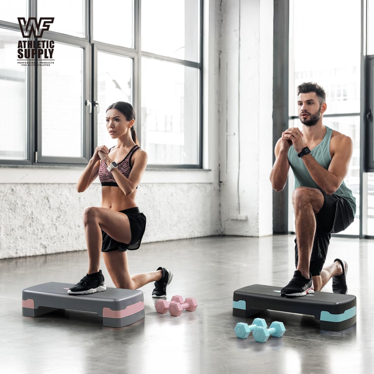 Adjustable Height Aerobic Stepper Set with 2 Dumbbells & Measuring Tape – Home Workout Exercise Step Platform with Level Risers, Non-Slip, 550 LB Capacity, 3 Colors Blue Green Pink