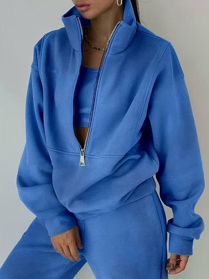 Women's Fleece Two-Piece Set – Sporty Street Casual Sweatshirt & Pants Outfit, Soft Cozy Matching Loungewear Set, 10 Colors, Sizes S-XXL, Everyday Athleisure Fashion