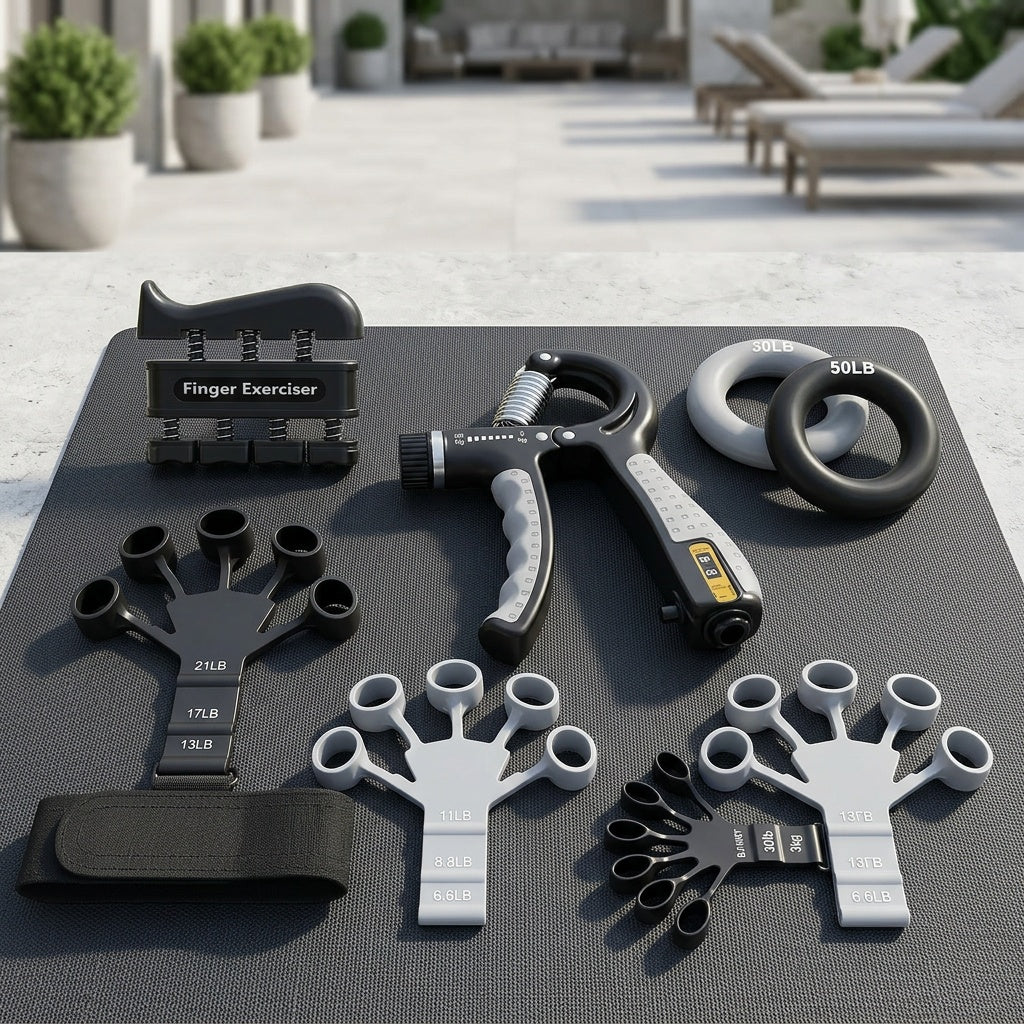 6-Piece Grip Strength Trainer Set – Adjustable Hand Gripper 10-130lbs with Auto Counter, Finger Exerciser, Forearm Workout Rings & Finger Stretcher, Hand Strengthener for Men Women All Hand Sizes