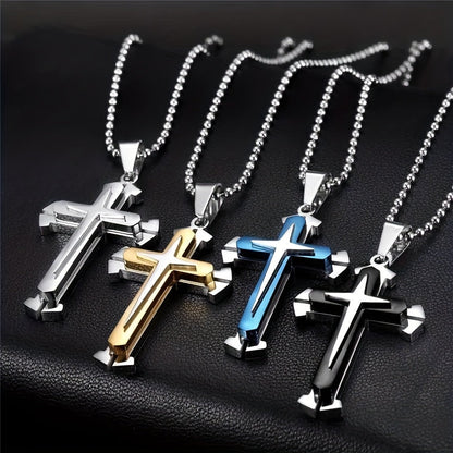 Men's 4pc Cross Necklace Set – 316L Stainless Steel Knight Cross Pendant Jewelry, Tarnish-Free Gothic Religious Necklaces for Men, Cool Gift for Him, Everyday & Streetwear Style