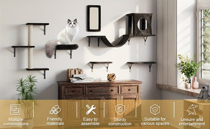 7-Piece Wall Mounted Cat Climbing Shelf Set – Deluxe Indoor Cat Furniture with Cat Condo, Wall Shelves, Scratching Post, Bridge Ladder & Tunnel, Space-Saving Cat Wall Playground for All Cat Sizes