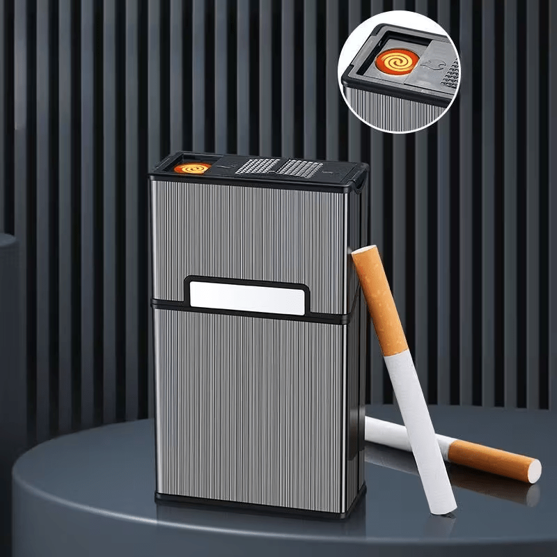 Rechargeable Electric Lighter with Built-In Cigarette Case – Windproof, Holds 20 Cigarettes, Flip-Top Design, Pressure & Moisture Resistant – Sleek All-Black for Business & Everyday Use