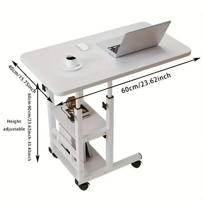 Height Adjustable Rolling Laptop Table with 4 Wheels & Dual Shelves – Mobile Workstation Desk for Bedside Dorm Office Living Room, Sturdy Steel Frame Space-Saving Design