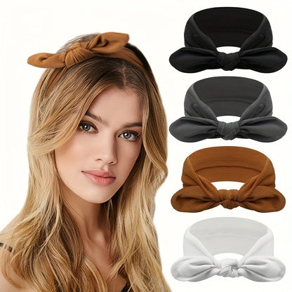 4-Pack Wide Rabbit Ear Bow Headbands for Women – Non-Slip Elastic Satin Sports Yoga Gym Hair Wrap, Soft Thick Turban Hairband Gift Set