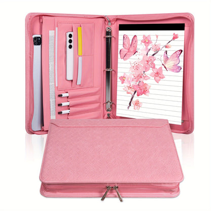 Vegan Leather Portfolio Binder 3-Ring Zipper A4 Legal Laptop Pocket Work Organizer for Women Men